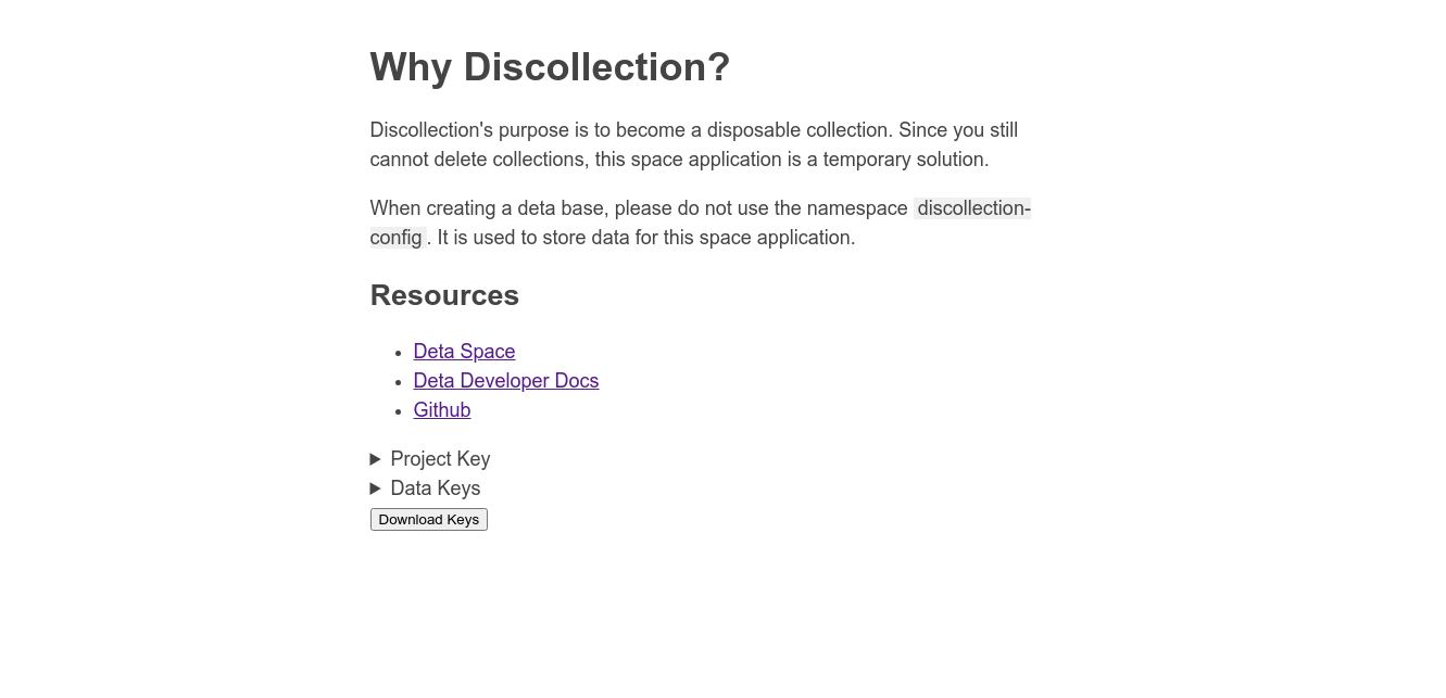 Screenshot of Discollection in Deta Space